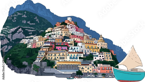 Colorful cliffside town with a boat sailing nearby