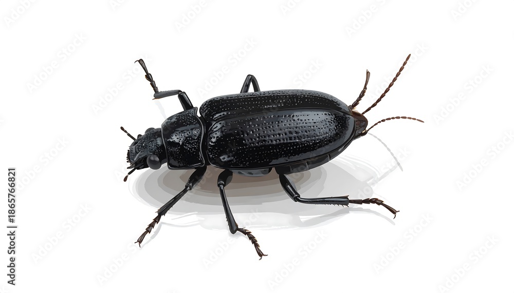 Fototapeta premium Detailed close-up of a shiny black beetle on white background.