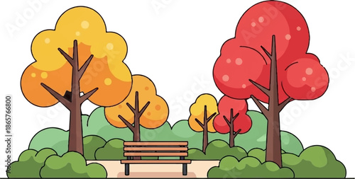 Autumn park scene with colorful trees and a wooden bench