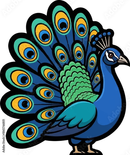 Vibrant peacock with a fanned tail displays striking eye patterns