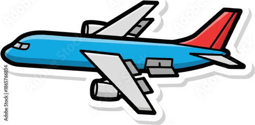 A simple cartoon drawing of a blue passenger airplane with gray wings and a red tail