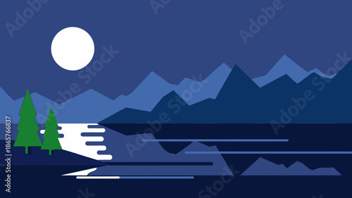 Serene Night Landscape with Moonlit Mountains and Lake.