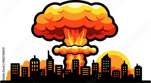 A stylized, cartoon-like nuclear explosion looms over a silhouetted city skyline at sunset