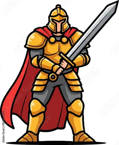 A cartoon knight in golden armor and a red cape holds a sword