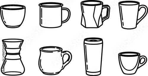 set of various empty cups and mugs for hot beverages
