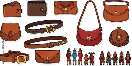 Collection of vintage-style leather accessories and illustrative figures