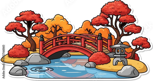 A serene autumn Japanese garden features a vibrant red bridge over calm water, adorned with trees and a stone lantern