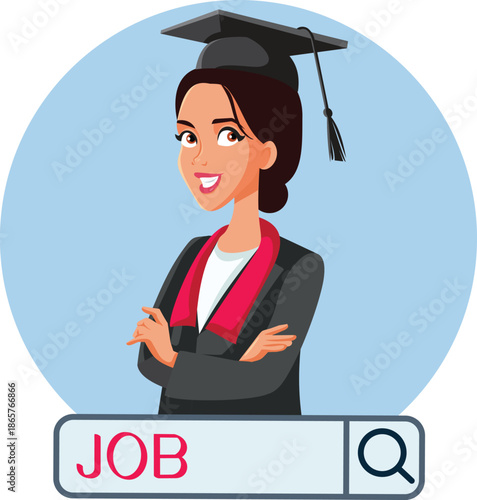 College Graduate Looking for Work Vector Illustration. 
Young woman looking for a job on the internet after graduation
