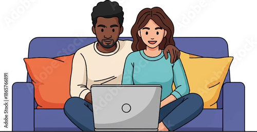 Diverse couple sharing a laptop on a comfy couch, arms around each other