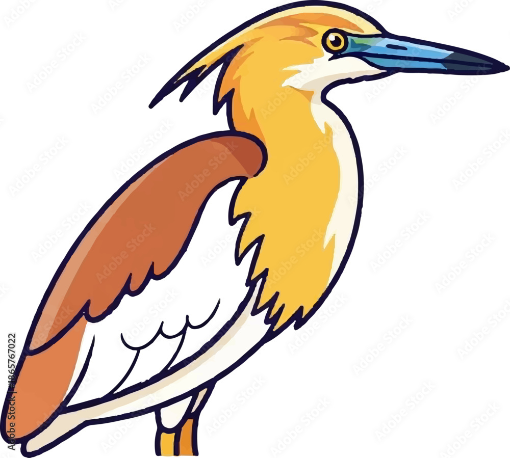 Fototapeta premium A charming cartoon illustration of a yellow heron with brown wings