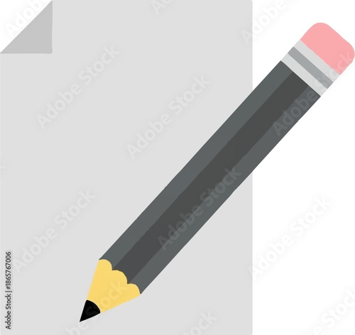 A sharpened pencil with a pink eraser is positioned diagonally across a blank sheet of paper