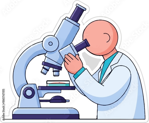 A scientist examines a sample under a light microscope in a lab coat