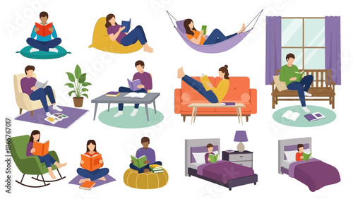 People Relaxing in Various Home Settings and Furniture.