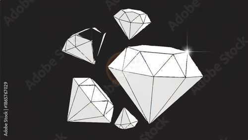A scattering of multifaceted white gemstones gleam against a deep black backdrop