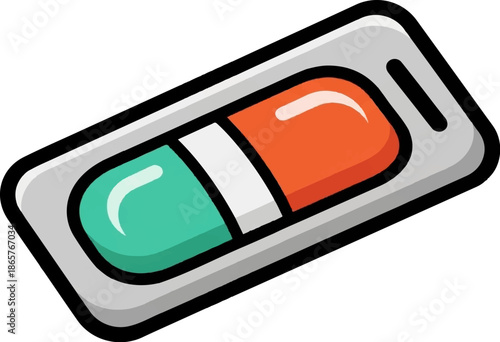 A stylized illustration of a single pill in a blister pack