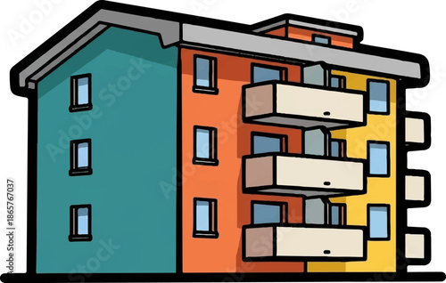 A colorful, cartoonish depiction of a multi-story apartment building with balconies and windows