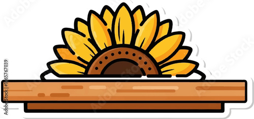 A stylized sunflower with vibrant yellow petals sits atop a wooden plank
