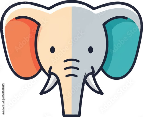 A cute, cartoonish elephant head, split down the middle, with distinct colors
