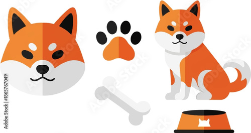 Adorable Shiba Inu dog illustrations head, full body, paw print, bone and bowl