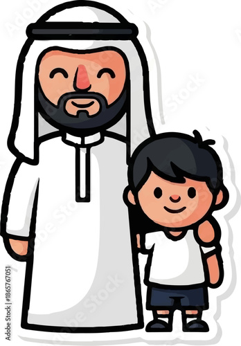 A smiling man in traditional attire stands with his arm around a young boy