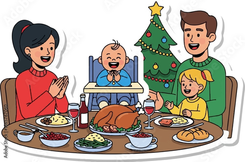 A joyous family enjoys a festive holiday meal together around a table laden with food and a Christmas tree