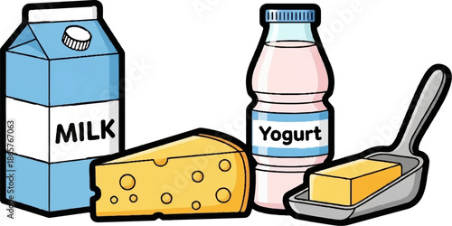 Carton of milk, wedge of cheese, bottle of yogurt, and butter on spoon