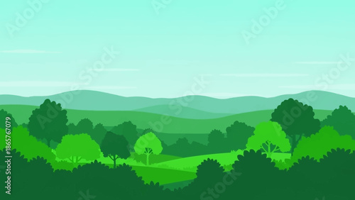 Serene green landscape with rolling hills and trees.