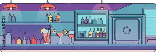 A stylized bar scene with bottles, drinks, and a safe