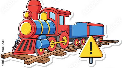 A cartoon depiction of a red and blue train on tracks with a yellow warning sign