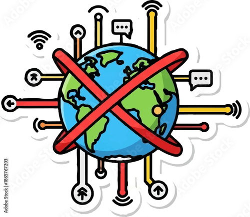 Earth surrounded by red bands and connected by lines with symbols