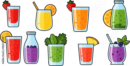 Assorted fruit and vegetable beverages in glasses and bottles with garnishes