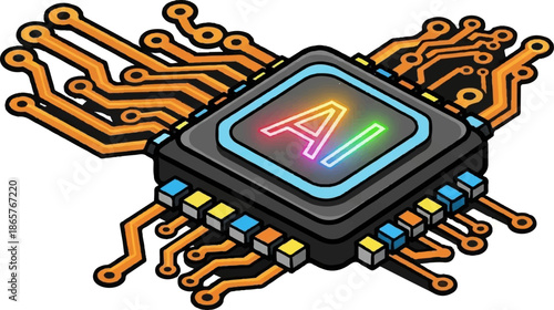 Isometric illustration of a central processing unit with glowing "AI" text on its surface, connected by orange circuit lines