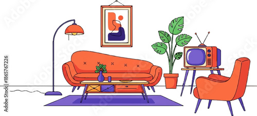 Mid-century living room with orange sofa, armchair, TV, plant, lamp, and art