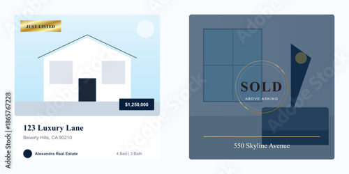 Modern Real Estate Listing UI Design: Just Listed & Above Asking Property Cards & &