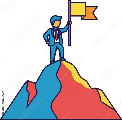 Businessman planting a flag atop a colorful mountain peak