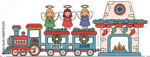 A festive cartoon train carries angels past a decorated fireplace with stockings