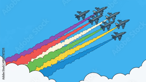 Jets fly in formation, leaving rainbow colored smoke trails against a clear blue sky