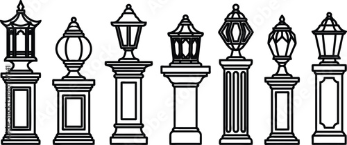 set of various lamp posts and bollards in black and white line art