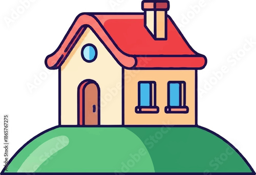 A charming cartoon dwelling with a red roof and beige walls sits atop a green hill