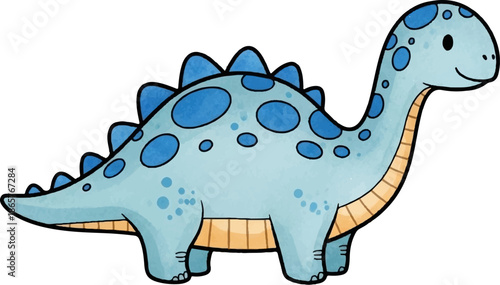 A friendly, cartoonish blue dinosaur with a long neck and tail, adorned with blue spots and spikes