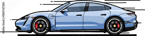 Side profile of a light blue electric sedan with red brake calipers