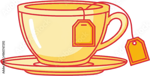 A simple cartoon image of a yellow cup filled with tea and a tea bag on a yellow saucer
