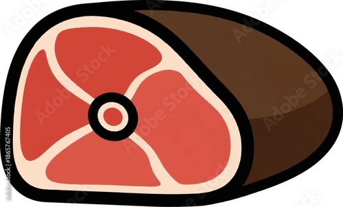 A cartoon cut of raw meat with visible fat marbling and a dark brown rind