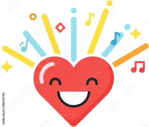 A jubilant heart bursts with colorful beams, musical notes, and festive shapes