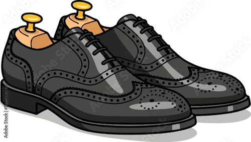 A pair of classic black wingtip dress shoes with wooden shoe trees inside