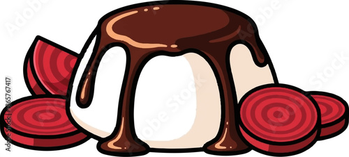 A stylized dessert resembling a panna cotta drizzled with chocolate sauce, accented by sliced beets
