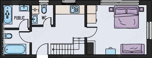A simplified floor plan shows a kitchen, bathroom, stairs, living area, and bedroom