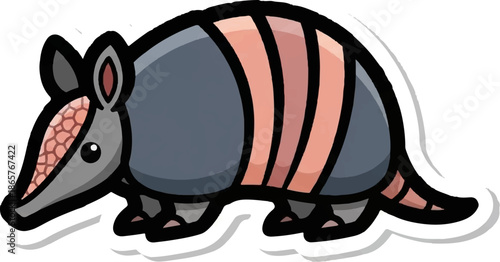 Cartoon armadillo with segmented shell, walking on white background