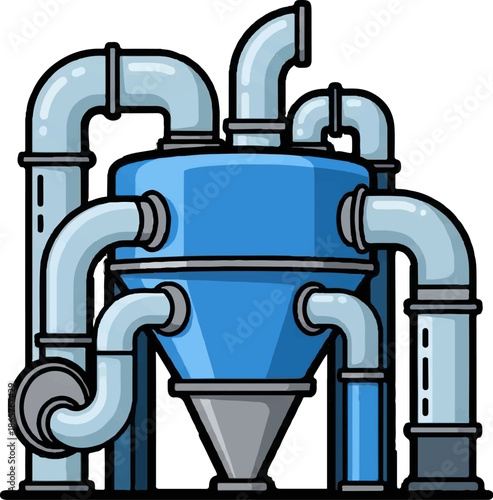 Blue industrial processing unit with connecting pipes and valves