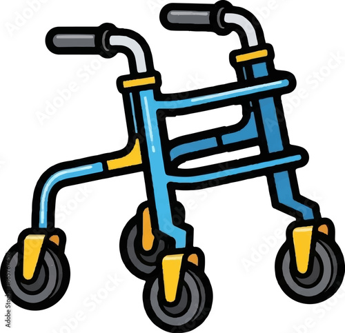 A stylized illustration of a blue walker with yellow accents and black wheels